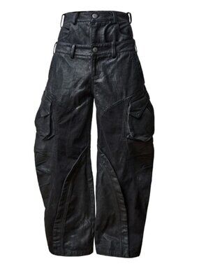 Flyerrer Waxed Black Cargo Pants Size 3 M:L NWT Layered Waist Flared Avantgarde